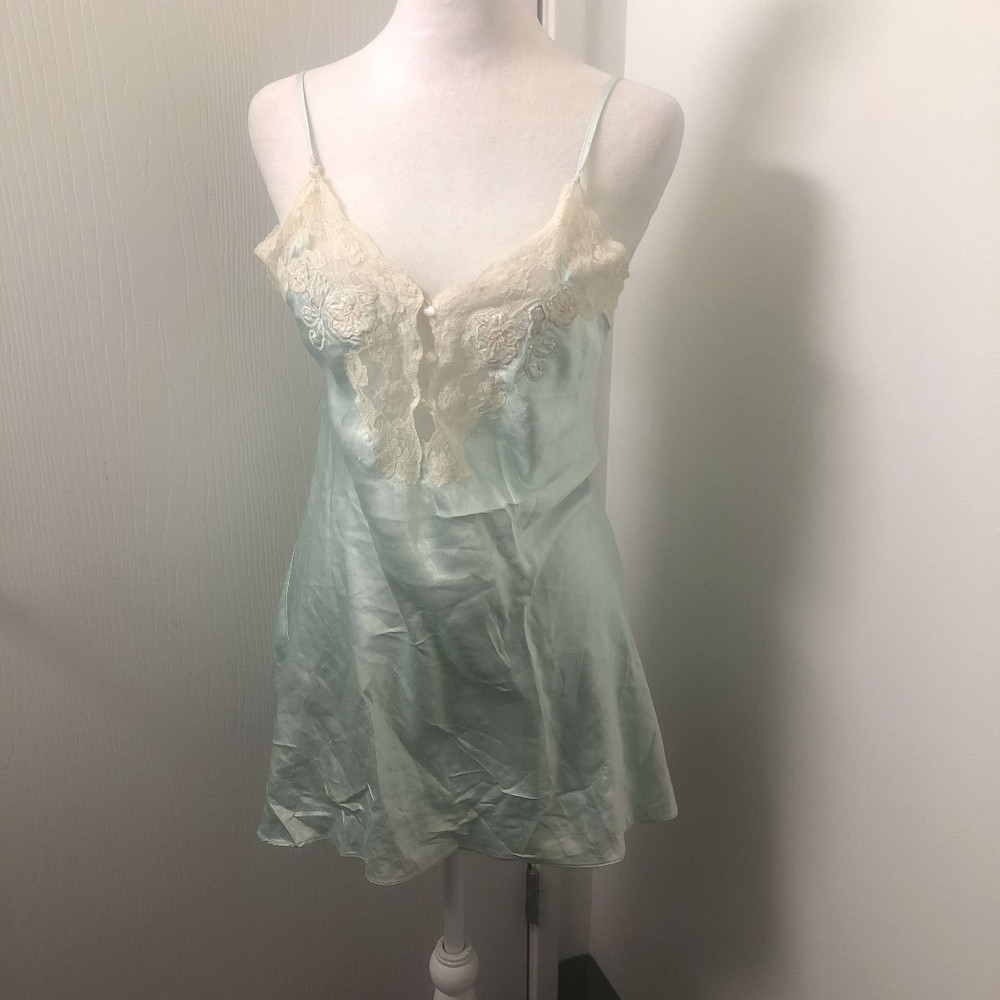 Vintage Etienne 90s Y2k Lace Floral Applique Slip Mini Dress - Picture 1 of 4